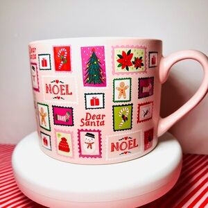Festive Pink Holiday Mug with Christmas Stamps Dear Santa Snowman Noel Stocking